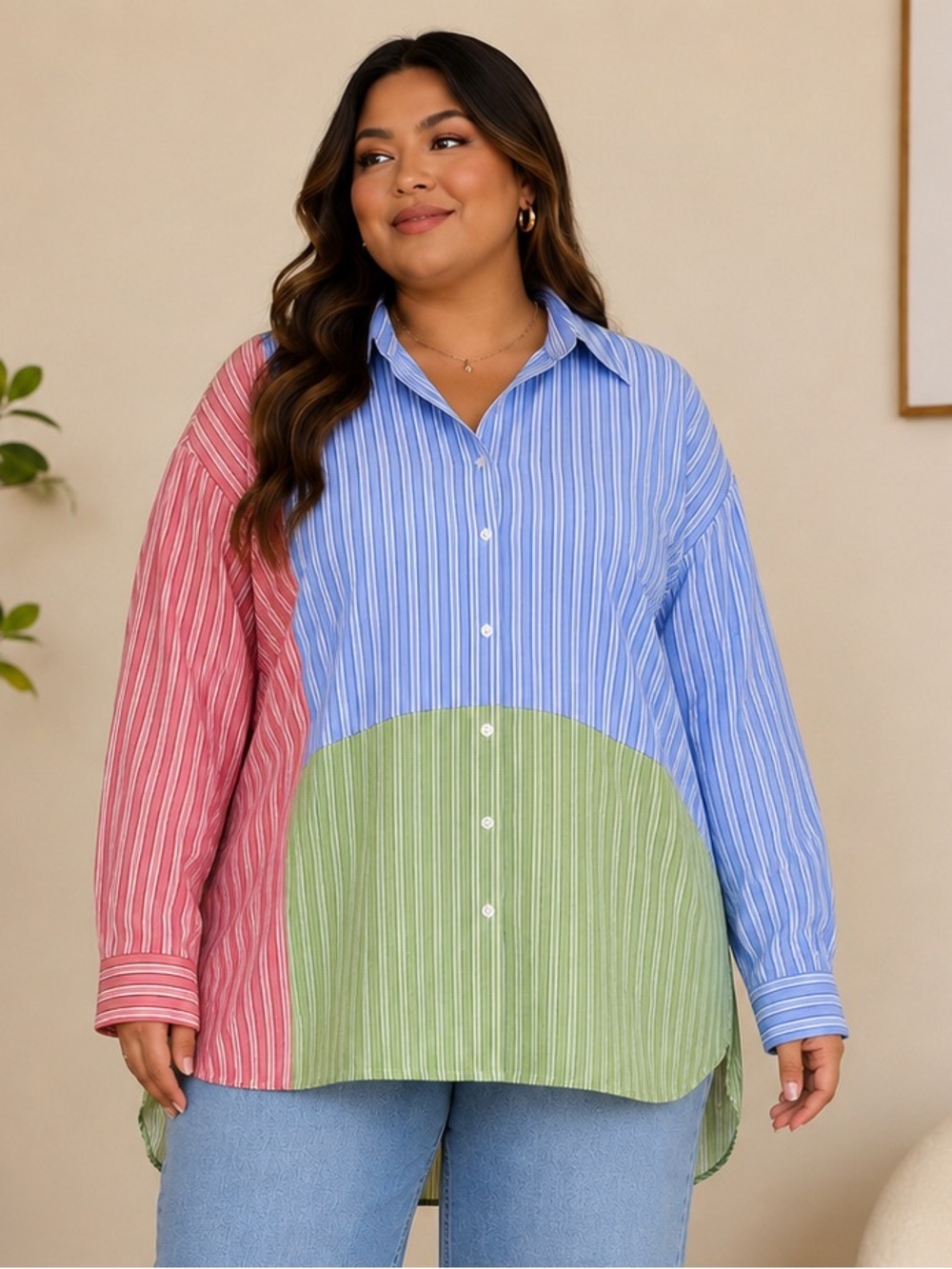 DAVI & DANI Colorblock Striped Button-Down Shirt in Blue, Pink, Green